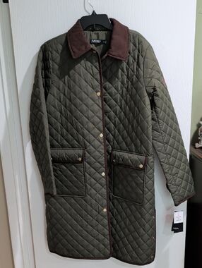 Lauren Ralph Lauren Quilted Olive Long Puffer Coat with Brown Trim
